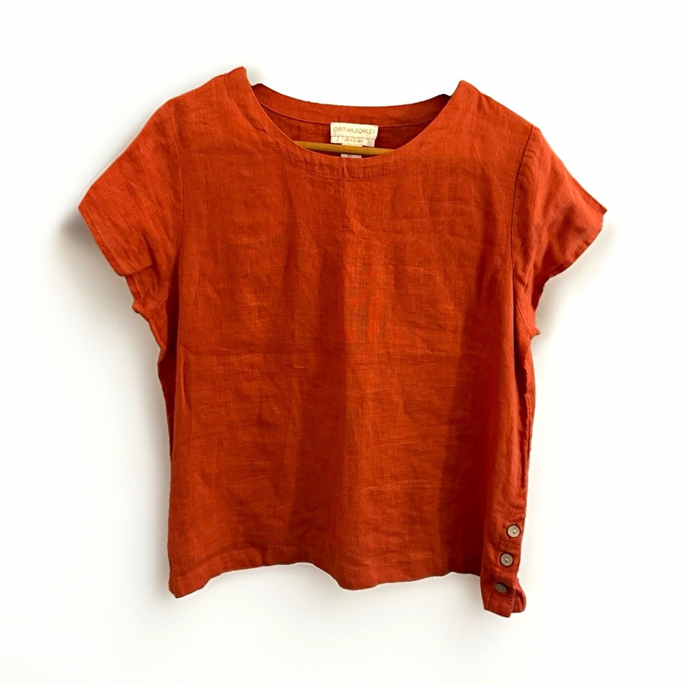 Cynthia Rowley 100% Linen Burnt Orange Boat Neck Short Sleeve Pullover Top L